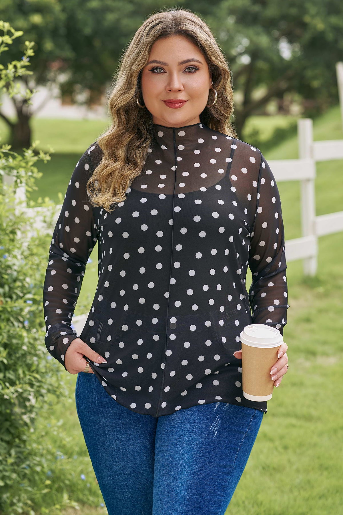 Black Plus Size Mock Neck Polka Dot Long-Sleeve Mesh Top