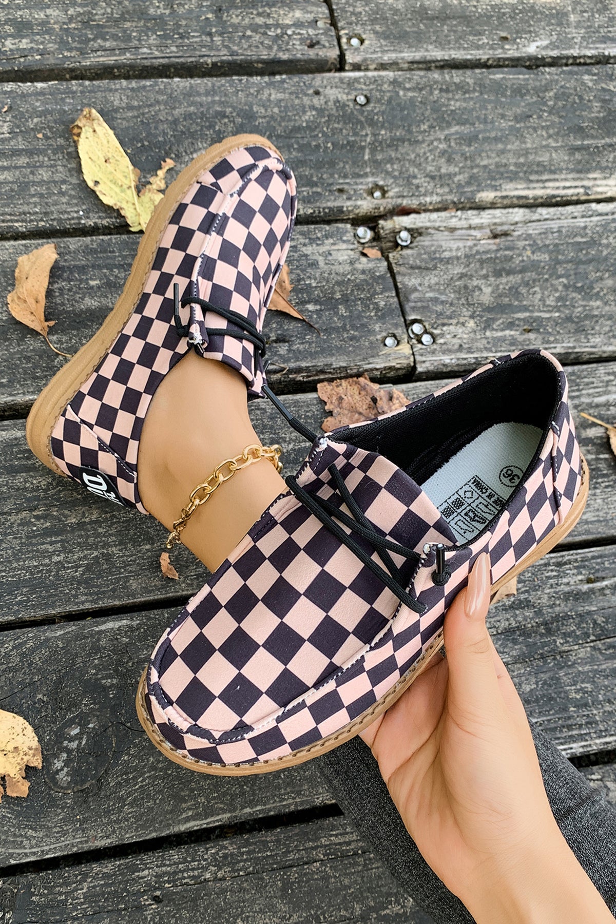 Dark Brown Checkered Print PU Leather Lace-Up Sneakers