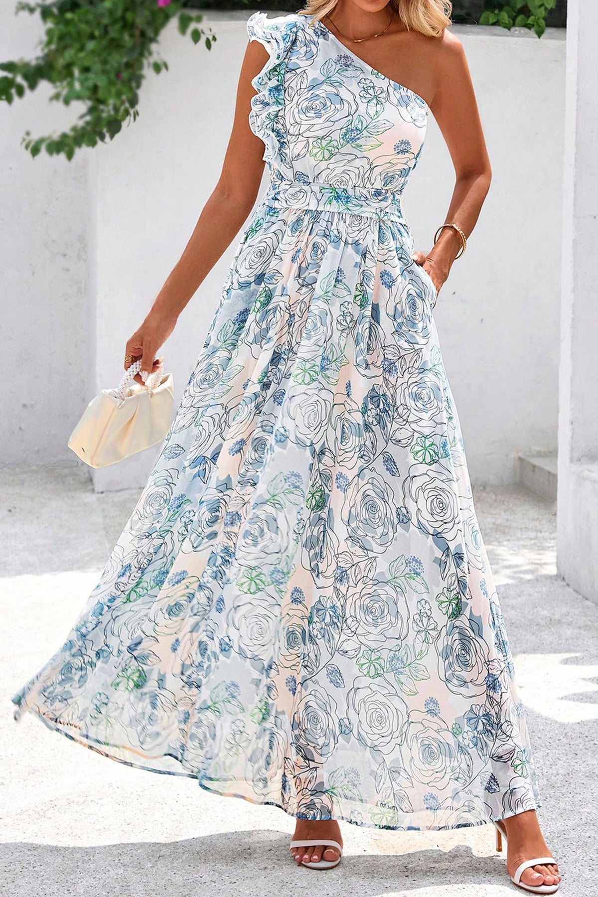 Blue Floral Ruffle One-Shoulder Maxi Dress