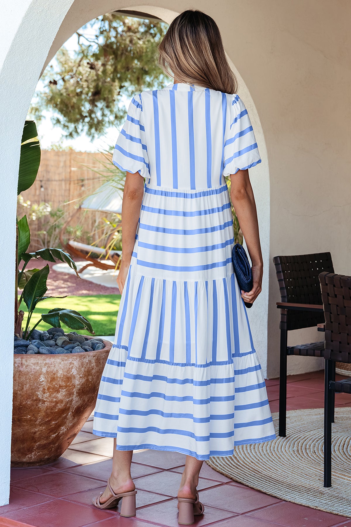 Pink Stripe Ricrac Trim Notched Neck Half Sleeve Vacation Dress