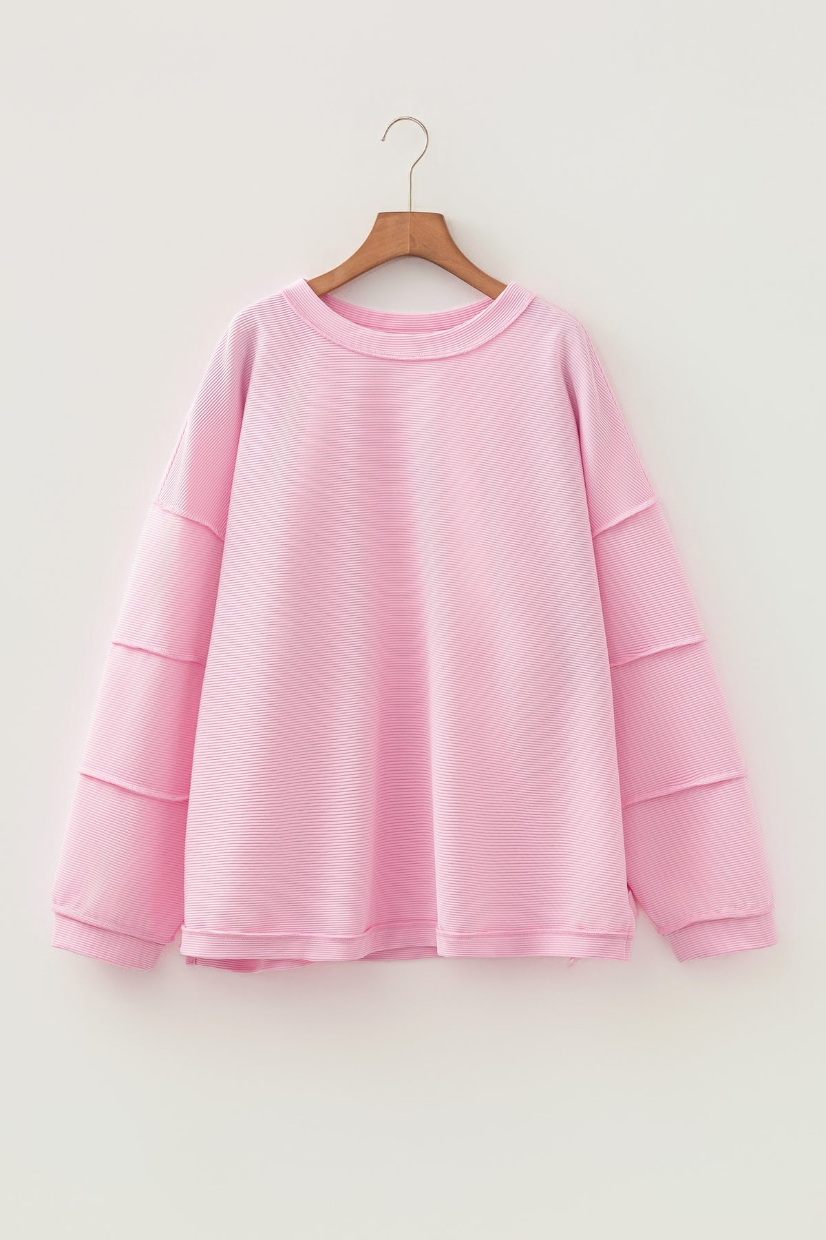 Pink Drop-Shoulder Long-Sleeve Plus Size Ribbed Top