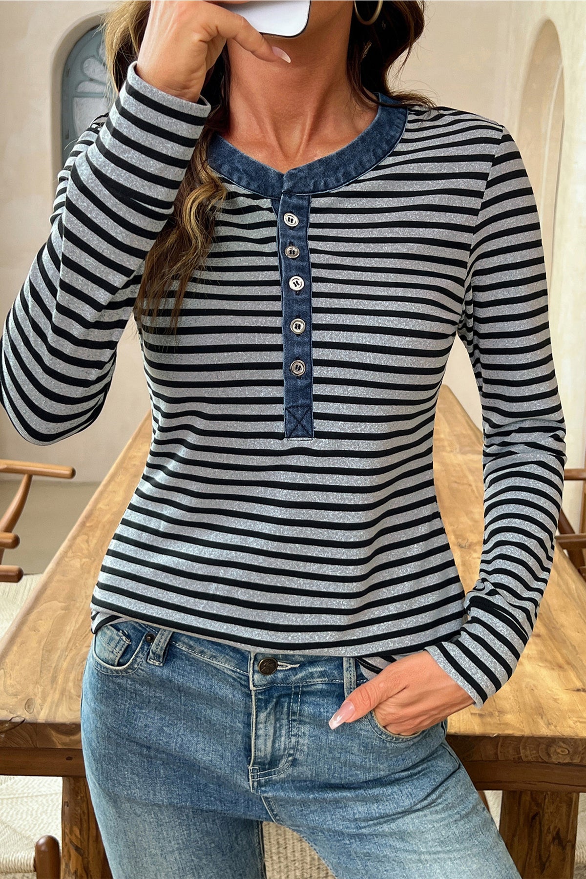Gray Stripe Denim Contrast Collar Half Button Top