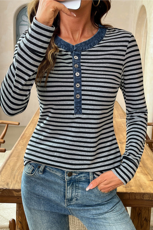 Gray Stripe Denim Contrast Collar Half Button Top