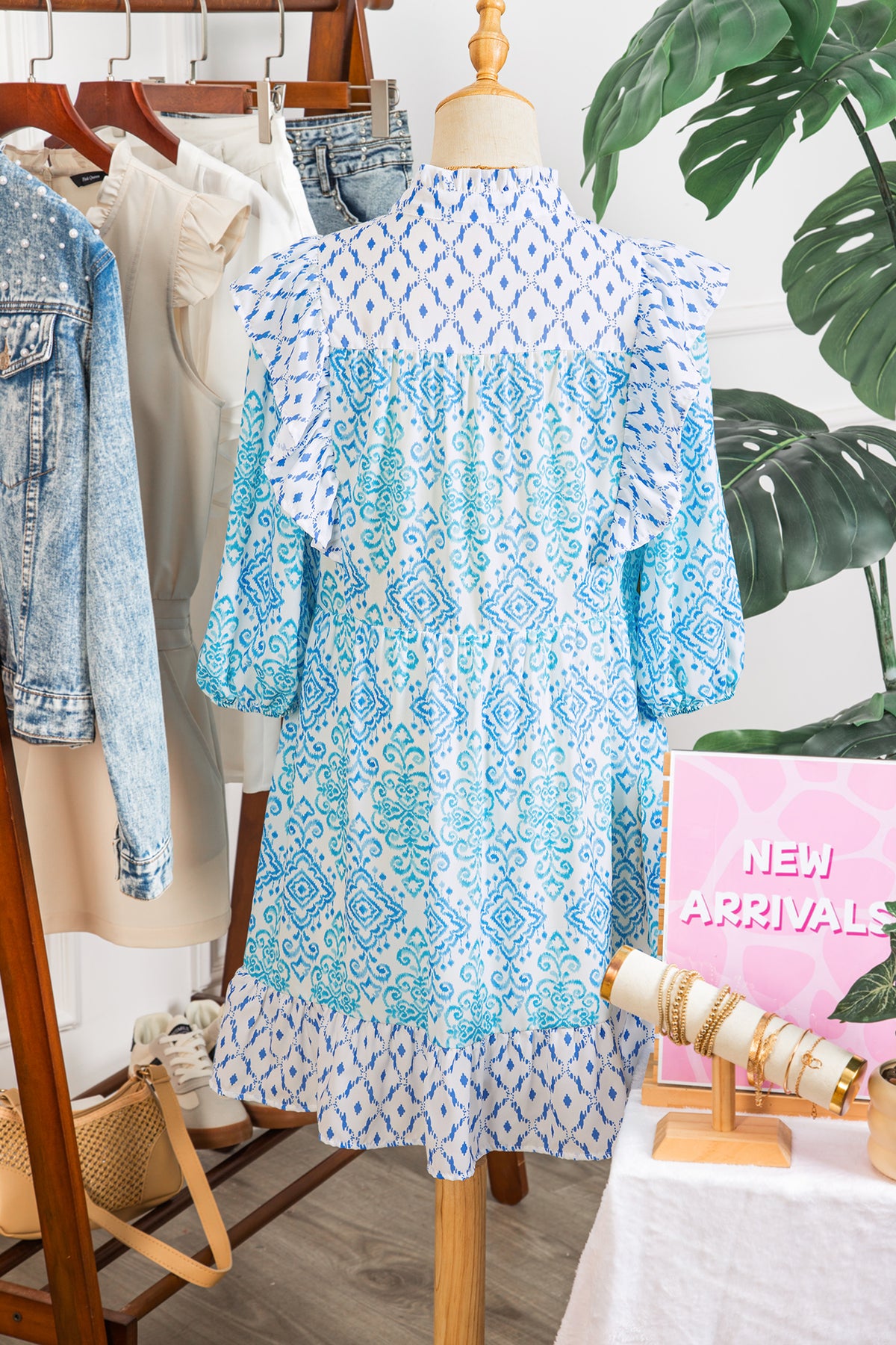 Sky Blue Boho Floral Geometric Patchwork Ruffle Puff Sleeve Mini Dress
