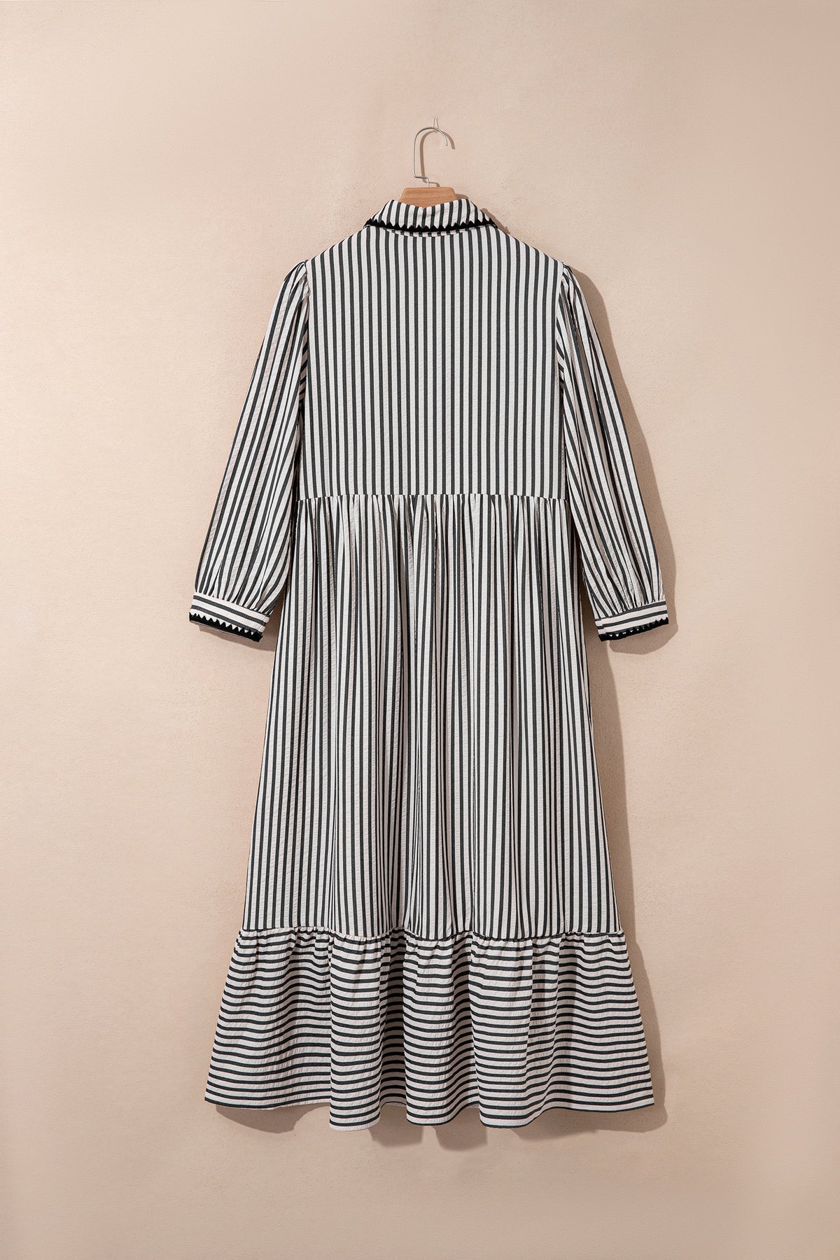 Black Stripe Scallop Trim Shirt Collar Half Button 3/4 Sleeve Long Dress