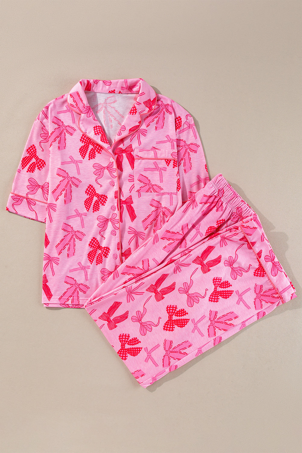 Pink Bow Print Lapel Collar Short Sleeve and Pants Pajama Set