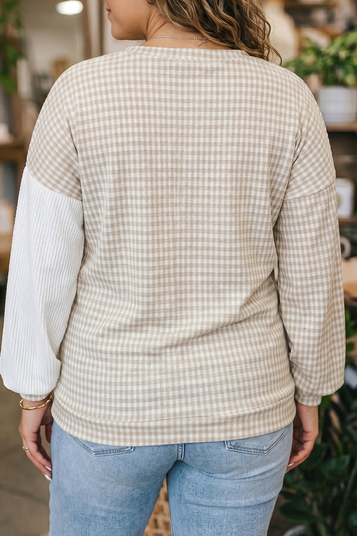 Khaki Patchwork Checkered Long-Sleeve Round-Neck Plus Size Blouse