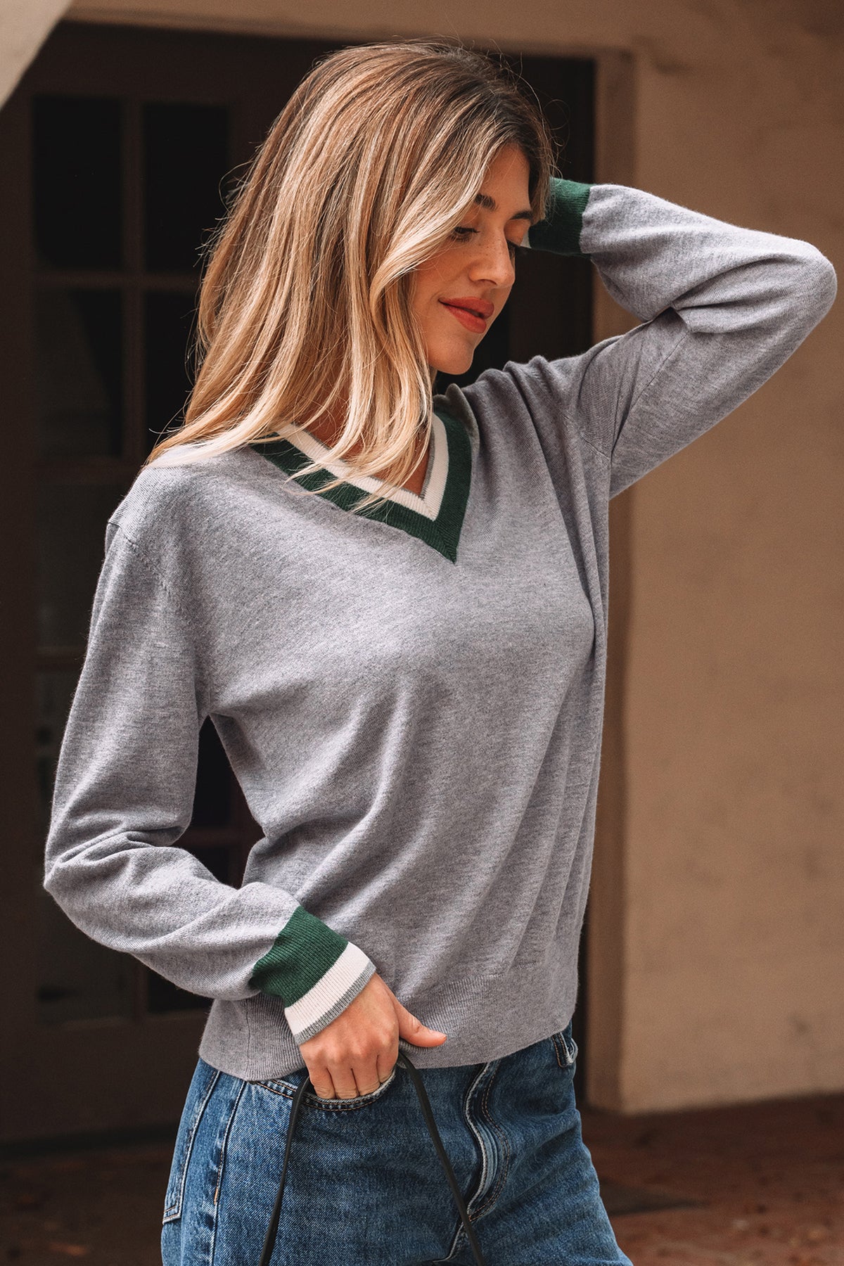 Gray Contrast Striped Trim V Neck Varsity Sweater