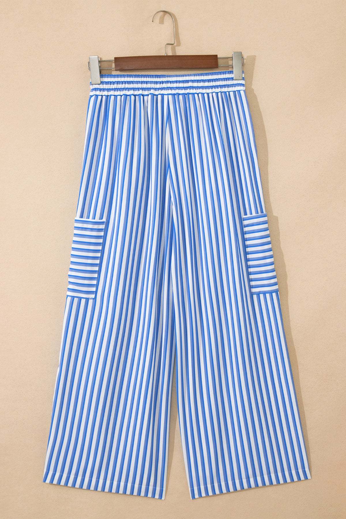 Sky Blue Stripe Drawstring Elastic Waist Patch Pocket Wide Leg Pants
