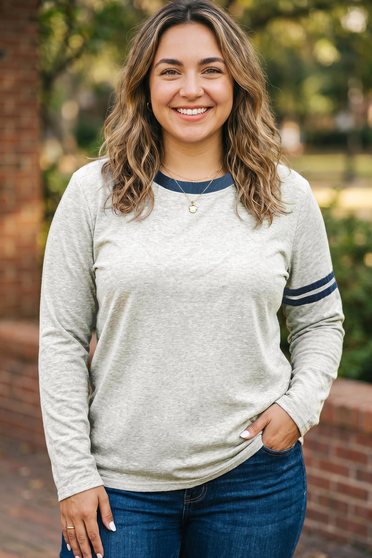 Gray Plus Size Color-Block Detail Round-Neck Long-Sleeve Top