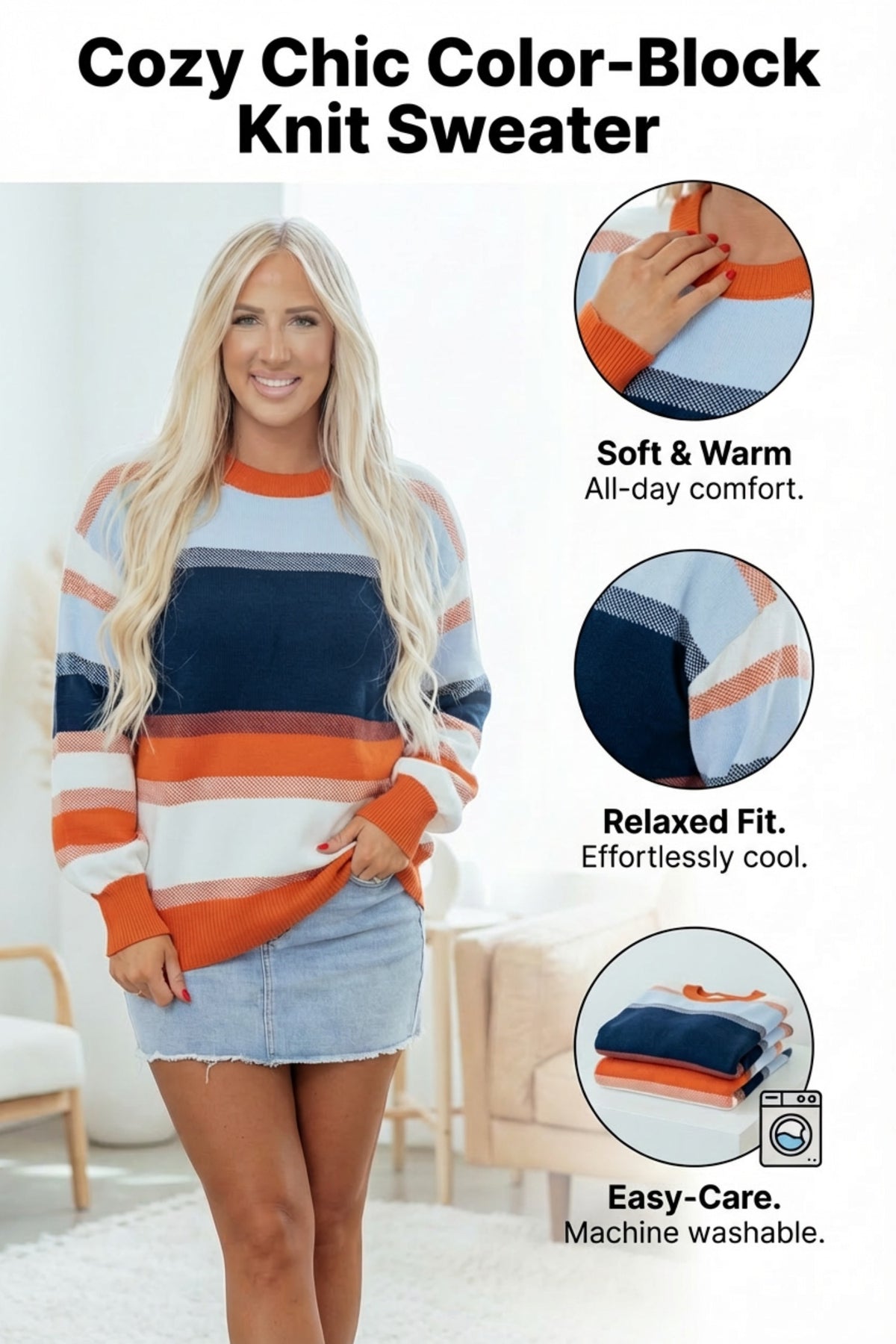 Dark Blue Color Block Round Neck Tunic Sweater