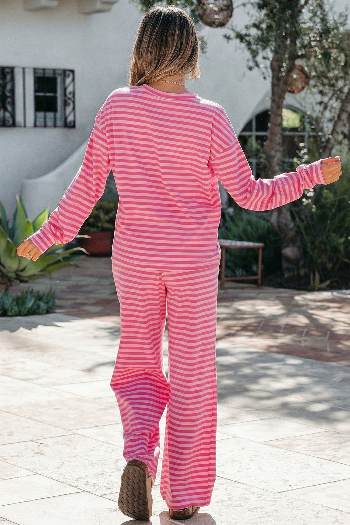 Women's Rose Stripe Drop Shoulder Round Neck Top & Buttoned Straight Pants Two-Piece Set