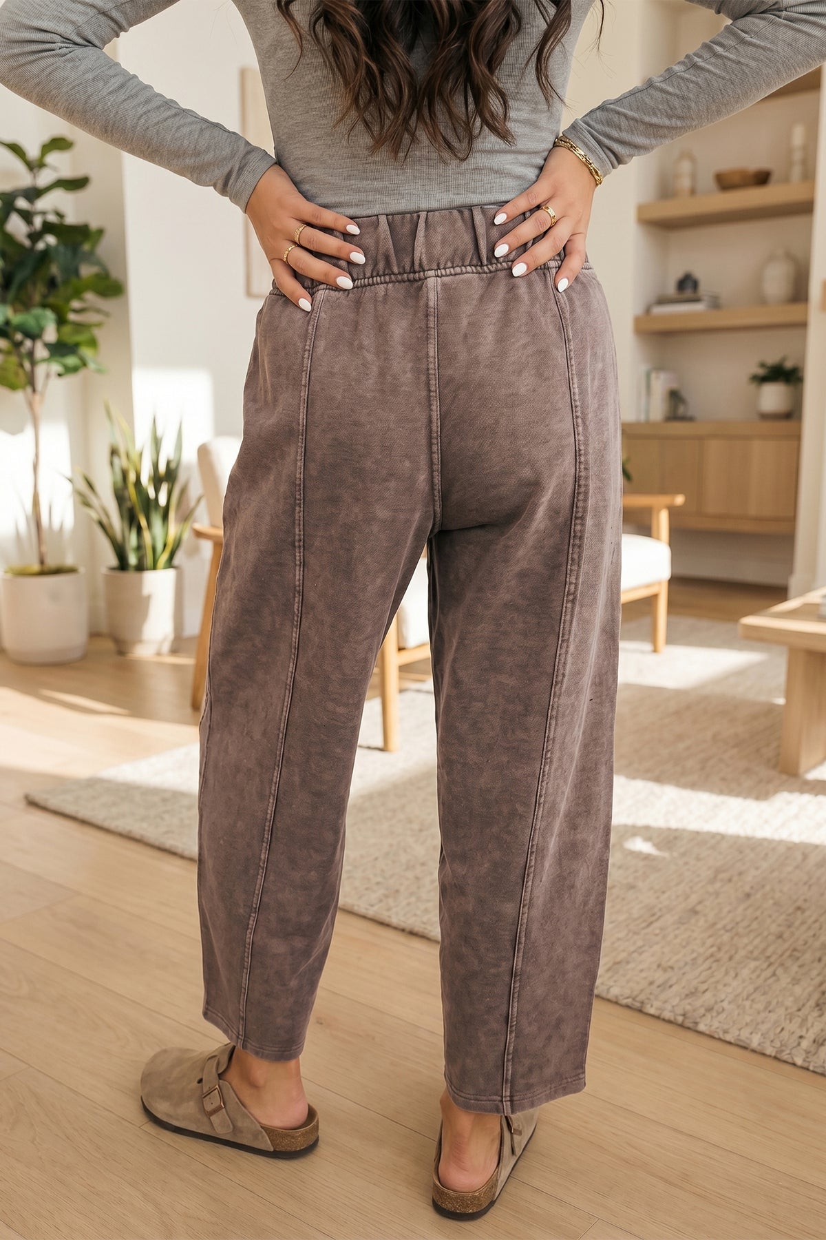 Carbon Grey Mineral Wash Seam Elastic Waist Barrel Pants