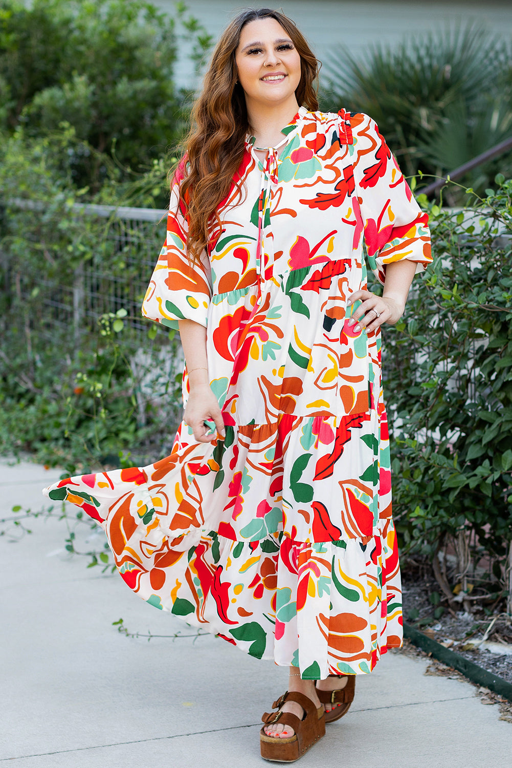 Orange Floral Print Drawstring V-Neck Tiered Plus Size Dress