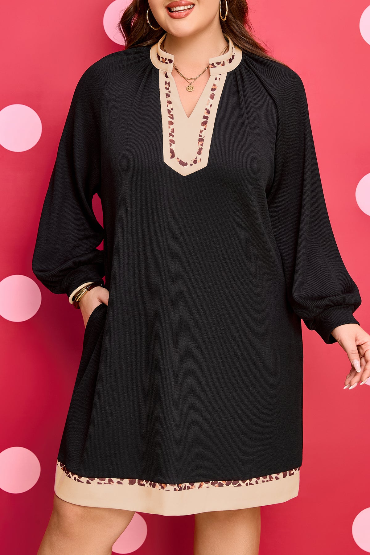 Black Contrast Color-Block Leopard Trim Plus Size Ribbed Dress