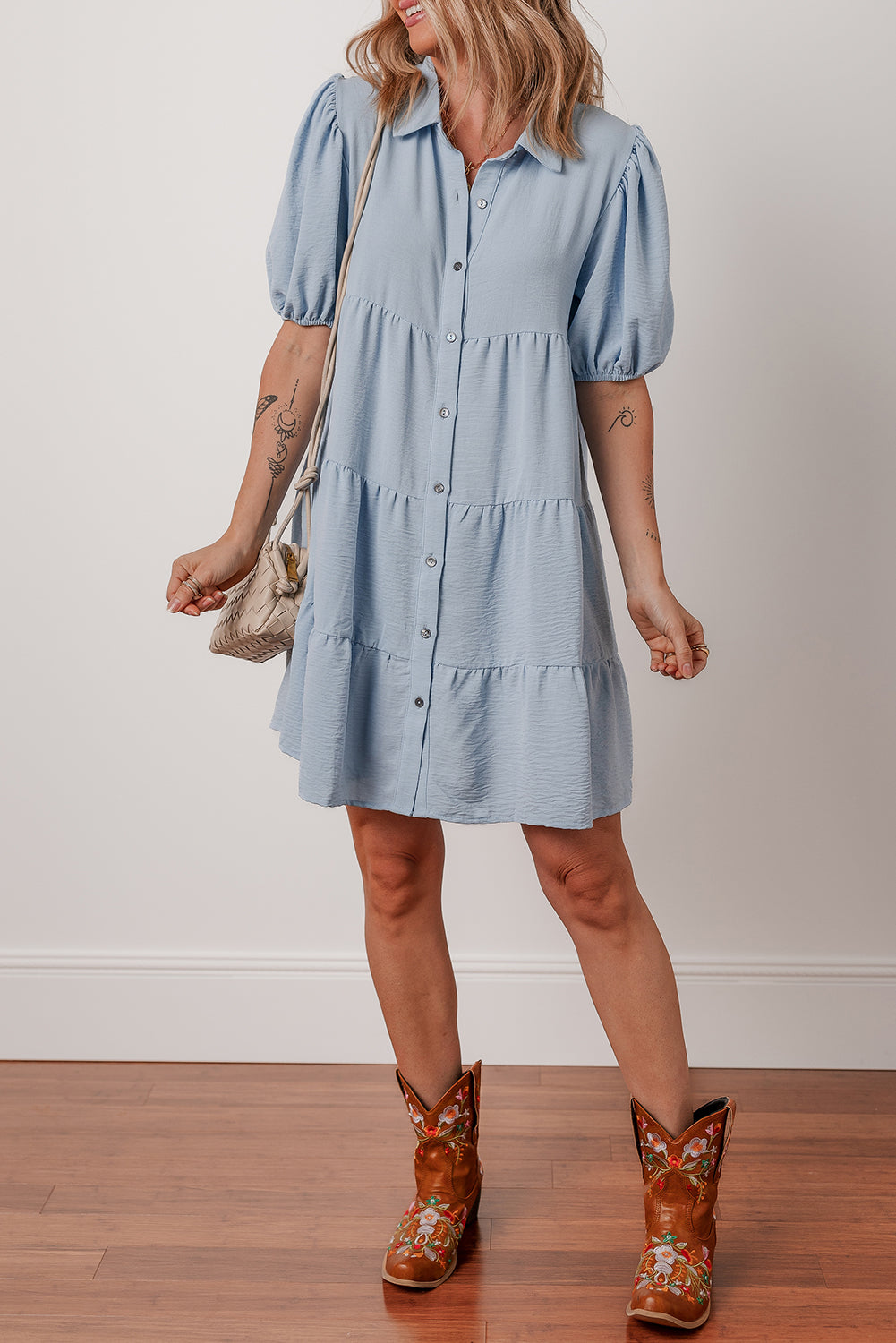 Beau Blue Shirt Collar Button Up Short Puff Sleeve Tiered Shift Dress