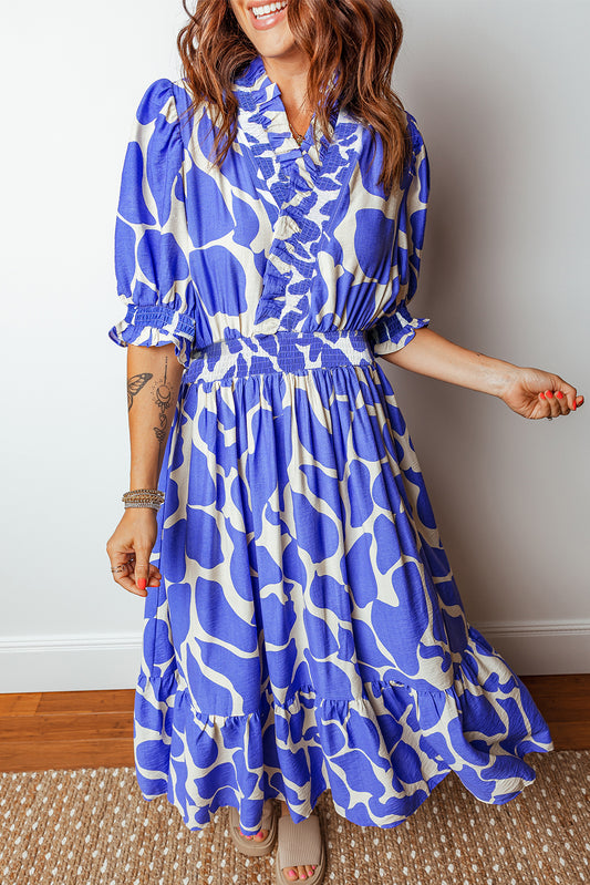 Sky Blue Abstract Print Smocked Waist Puff Half Sleeve Maxi Dress