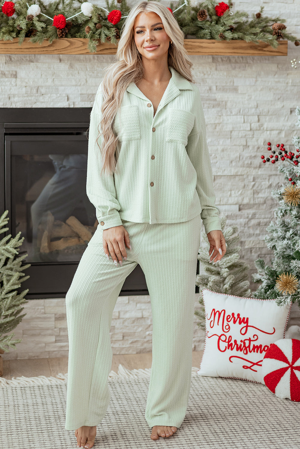 Women's Clearly Aqua Textured Patched Chest Pocket Shirt and Pants Set