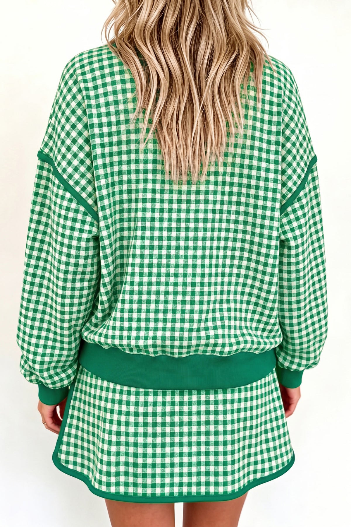 Brown Gingham Oversized Ribbed Crew Neck Long Sleeve Top and Skort Set