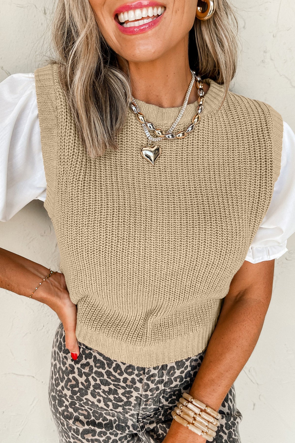 Light French Beige Round Neck Knit Contrast Short Sleeve Patchwork Sweater Top