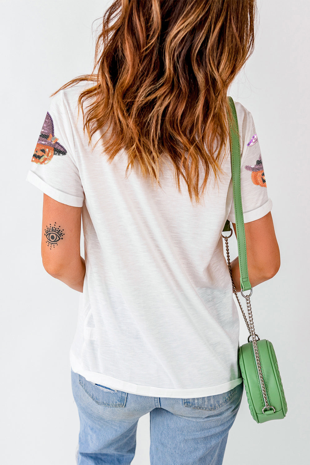 White Sequin Pumpkin Witch Halloween Graphic Tee