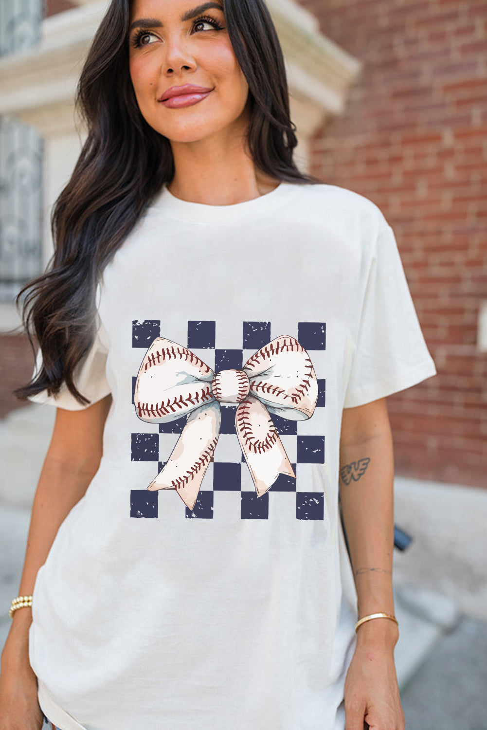 White Checkered Rugby Bowknot Graphic Crew T-Shirt