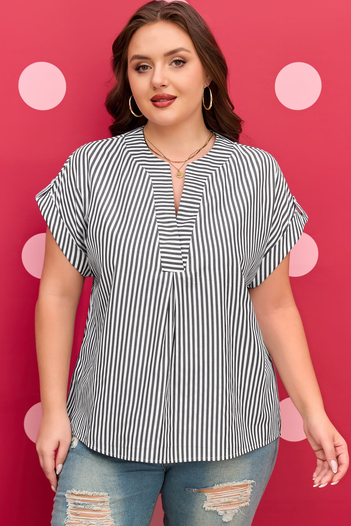 Black Stripe Plus Size V-Neck Roll-tab Short Dolman Sleeve Blouse