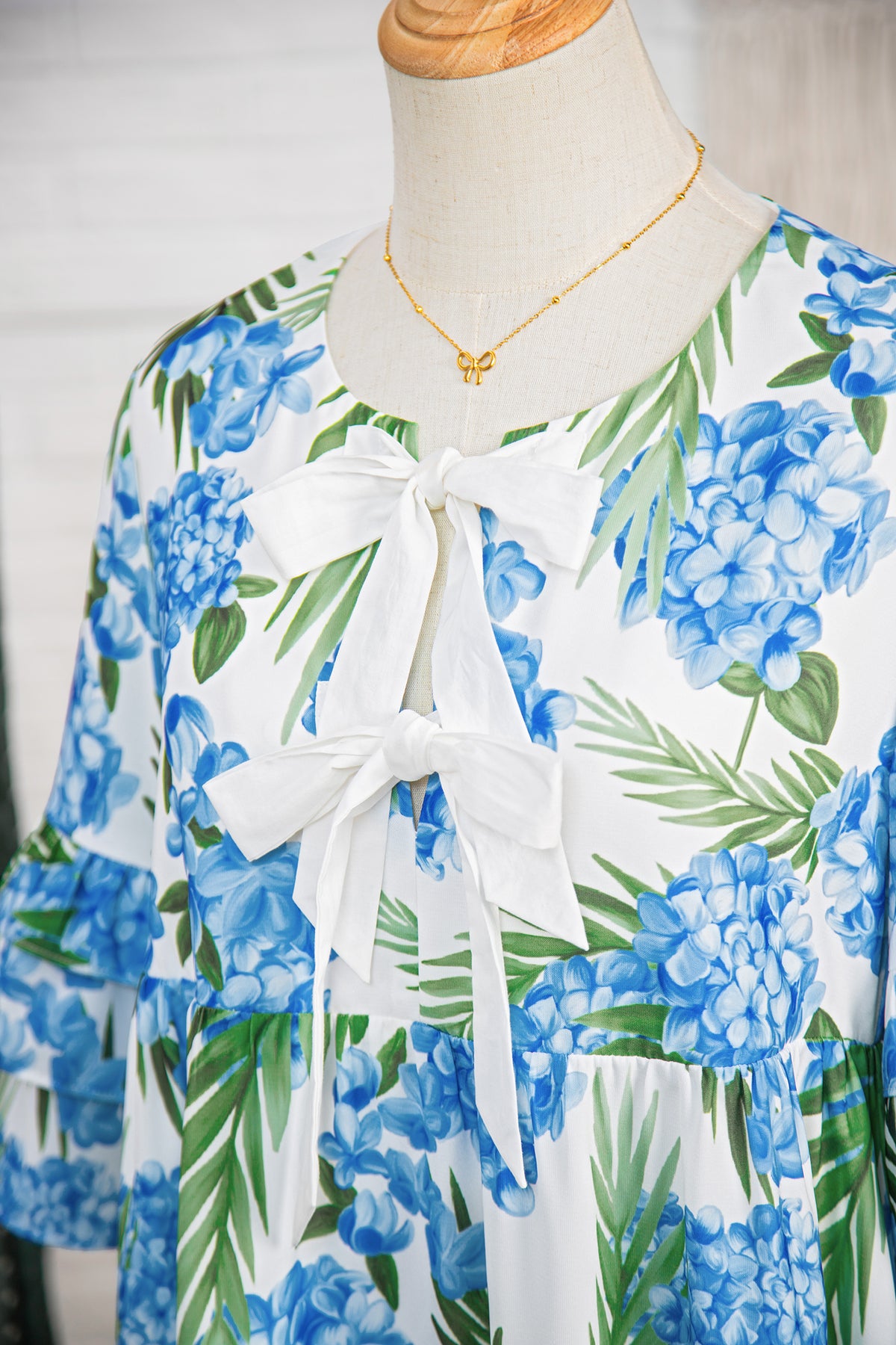 Blue Floral Ruffle Bow Mini Dress