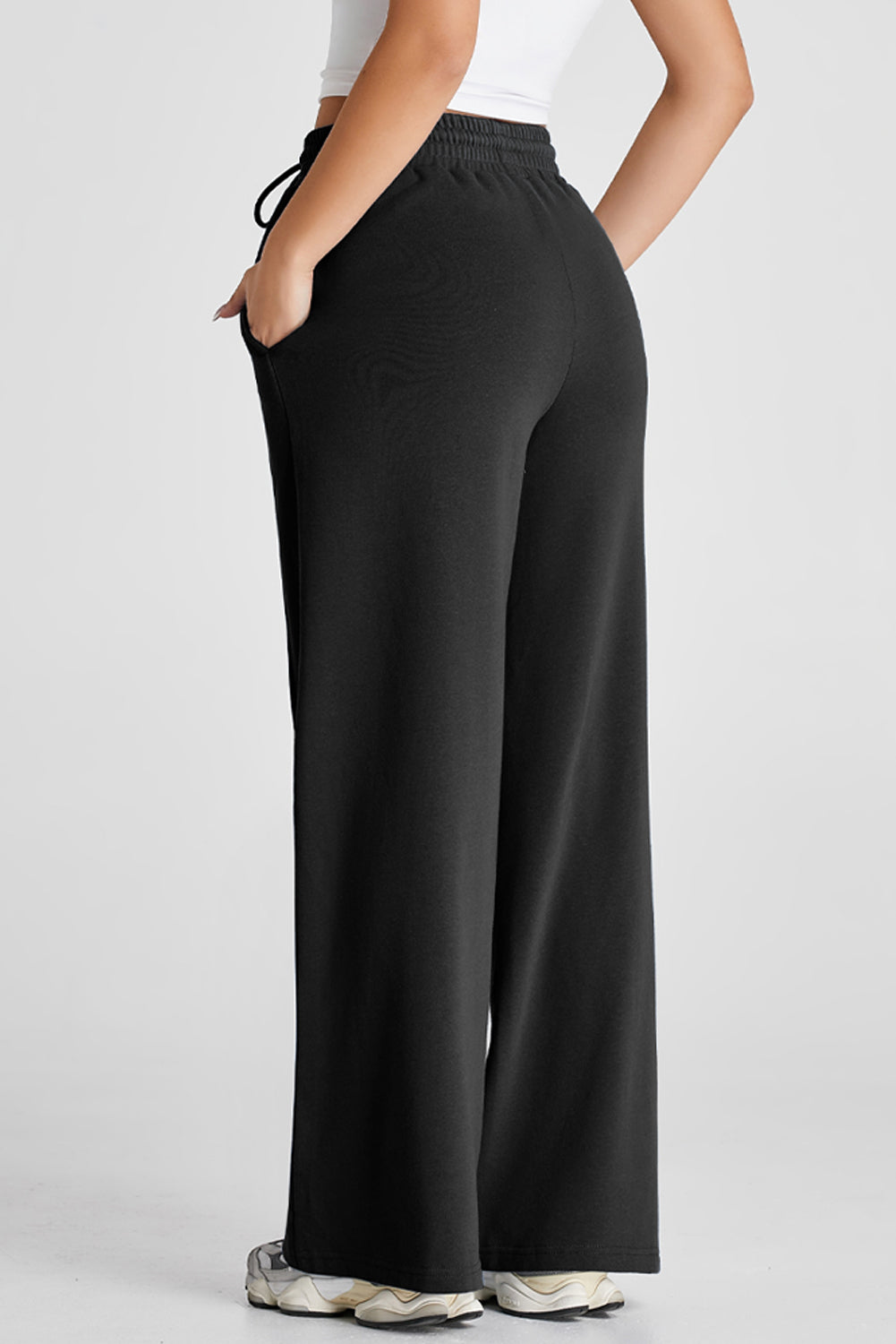 Black Seamed Drawstring High Waist Wide Leg Sweatpants