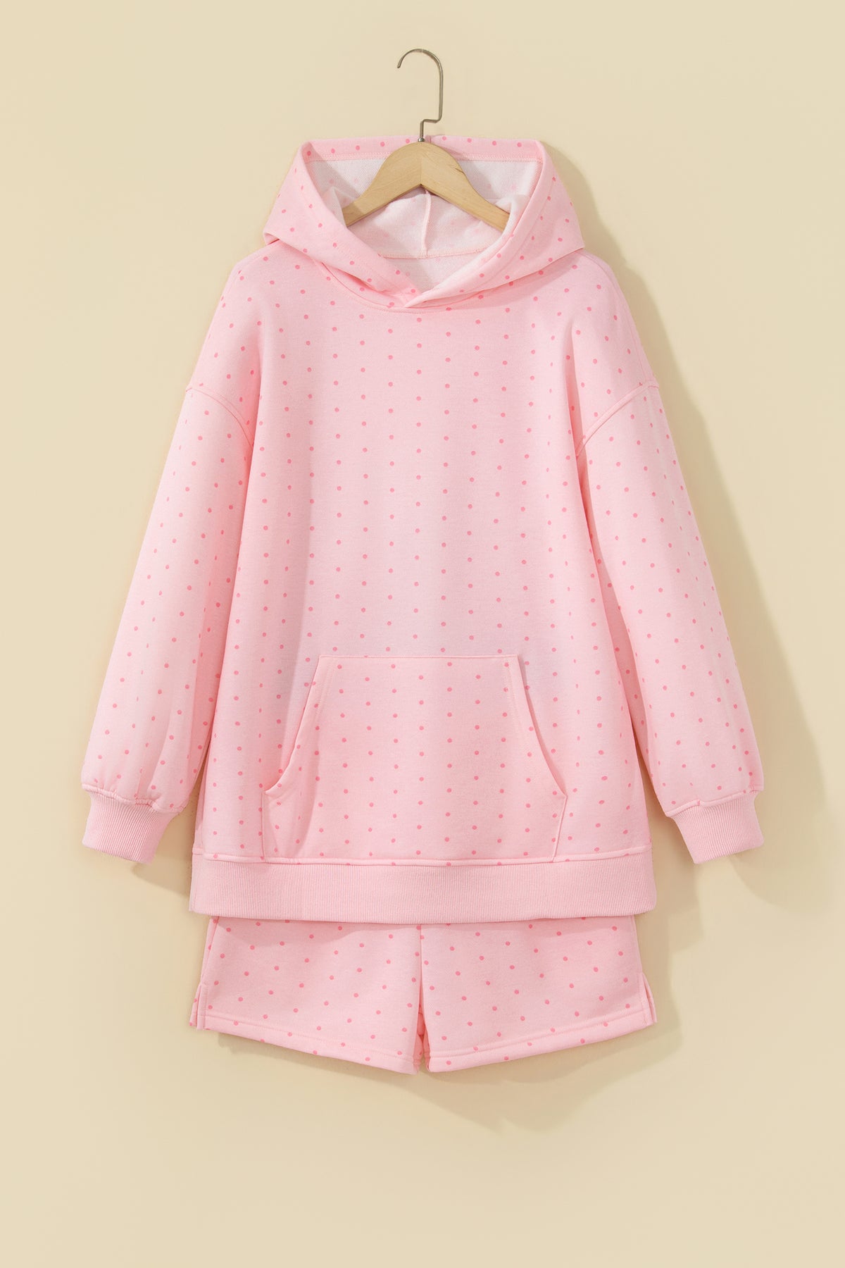 Pink Polka Dot Printed Oversized Hoodie Casual Shorts Set