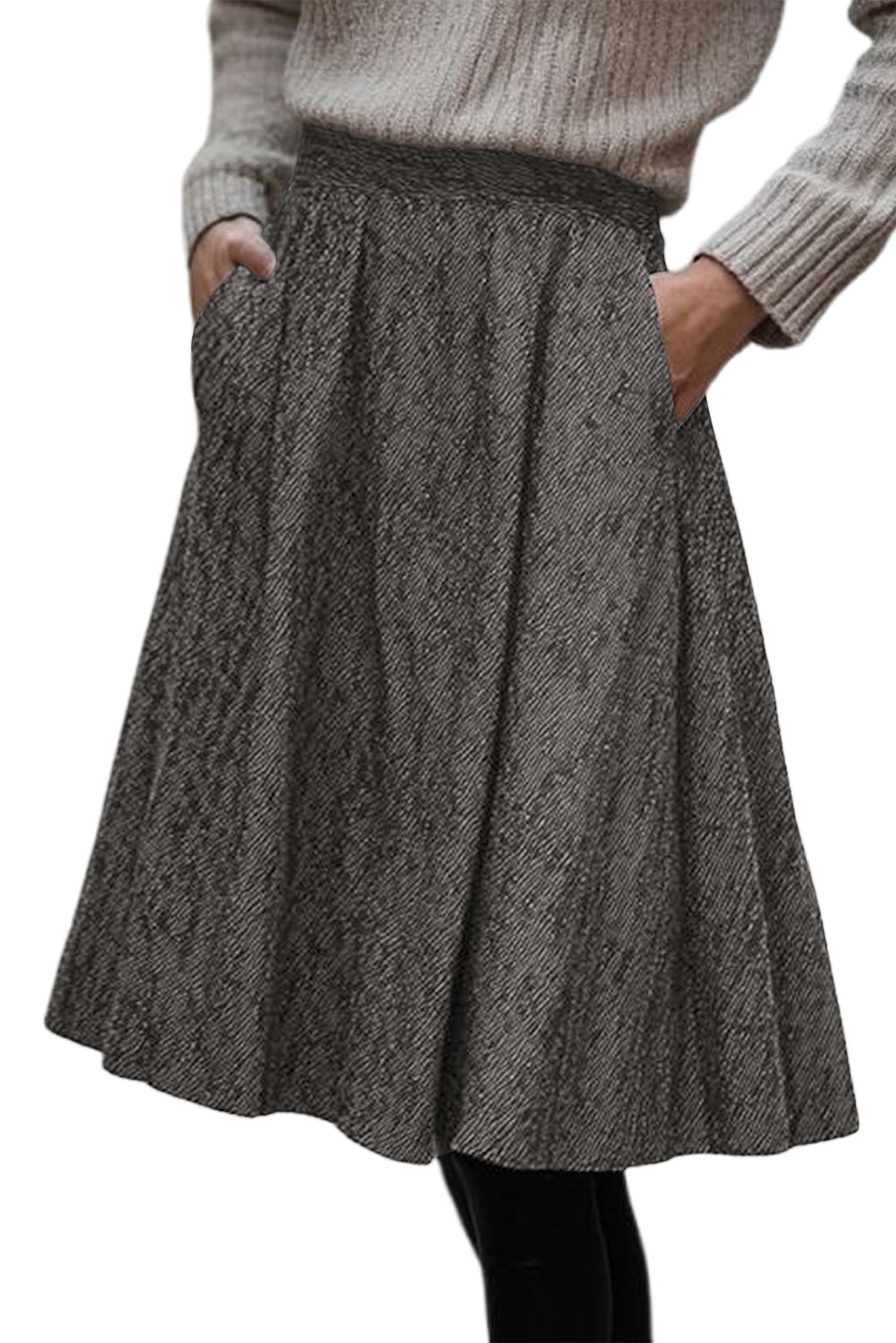 Brown Solid Textured Pleated Midi Skirt