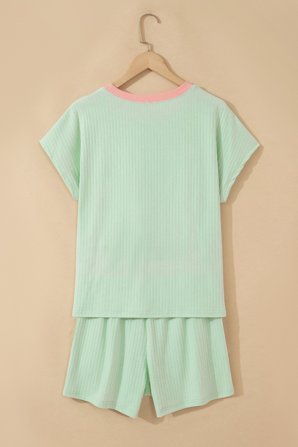 Women's Mist Blue Soft Ribbed Color Block Trim Casual Shorts Set