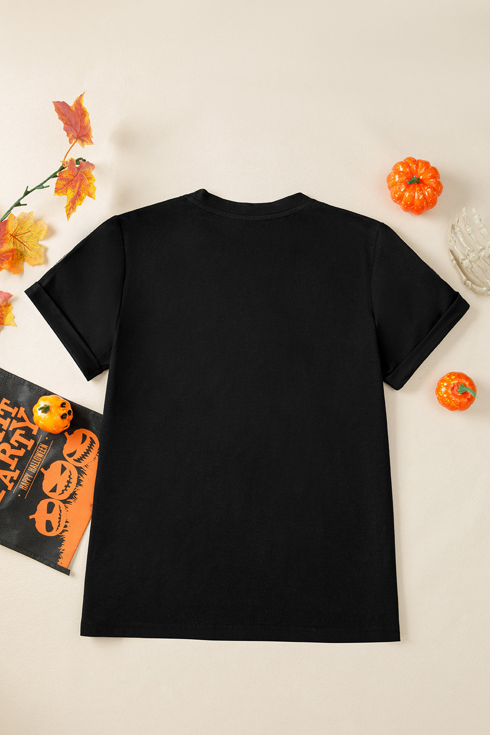 Black Sequin Pumpkin Face Halloween T-Shirt