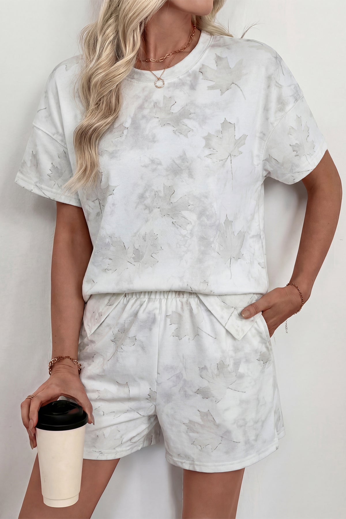 Women's White Woodland Camouflage Two-Piece Shorts Two-Piece Set