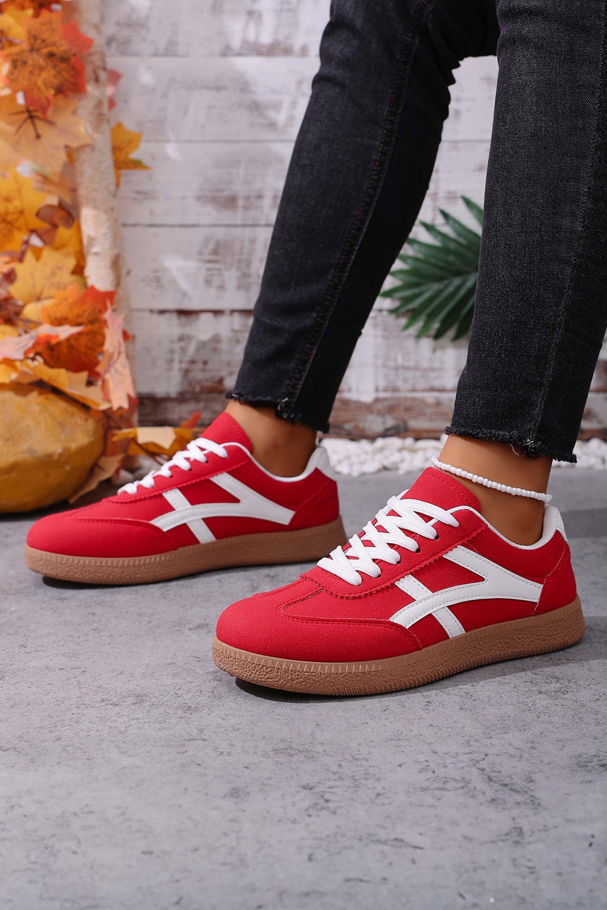 Racing Red Faux Suede Patchwork Lace-Up Sneakers