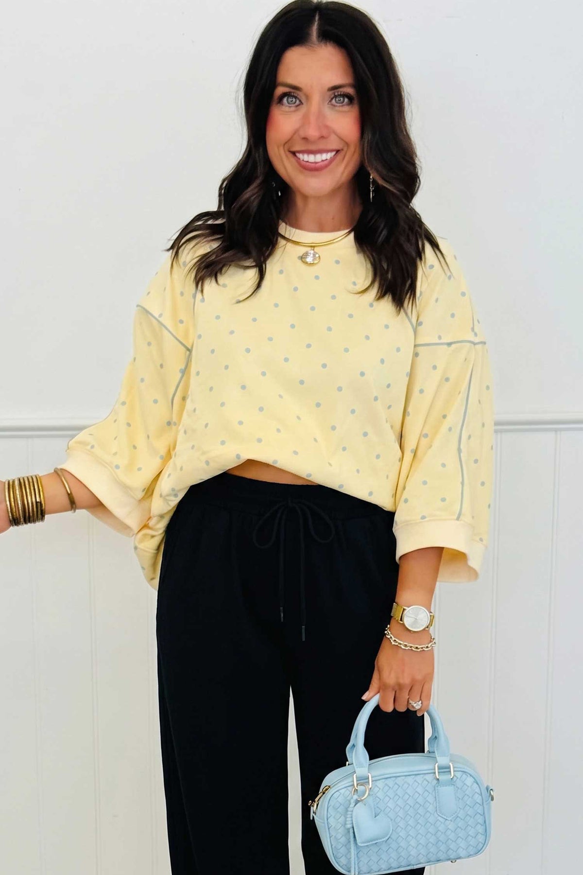 Gray Polka Dot Print Piping Trim 3/4 Sleeve Top