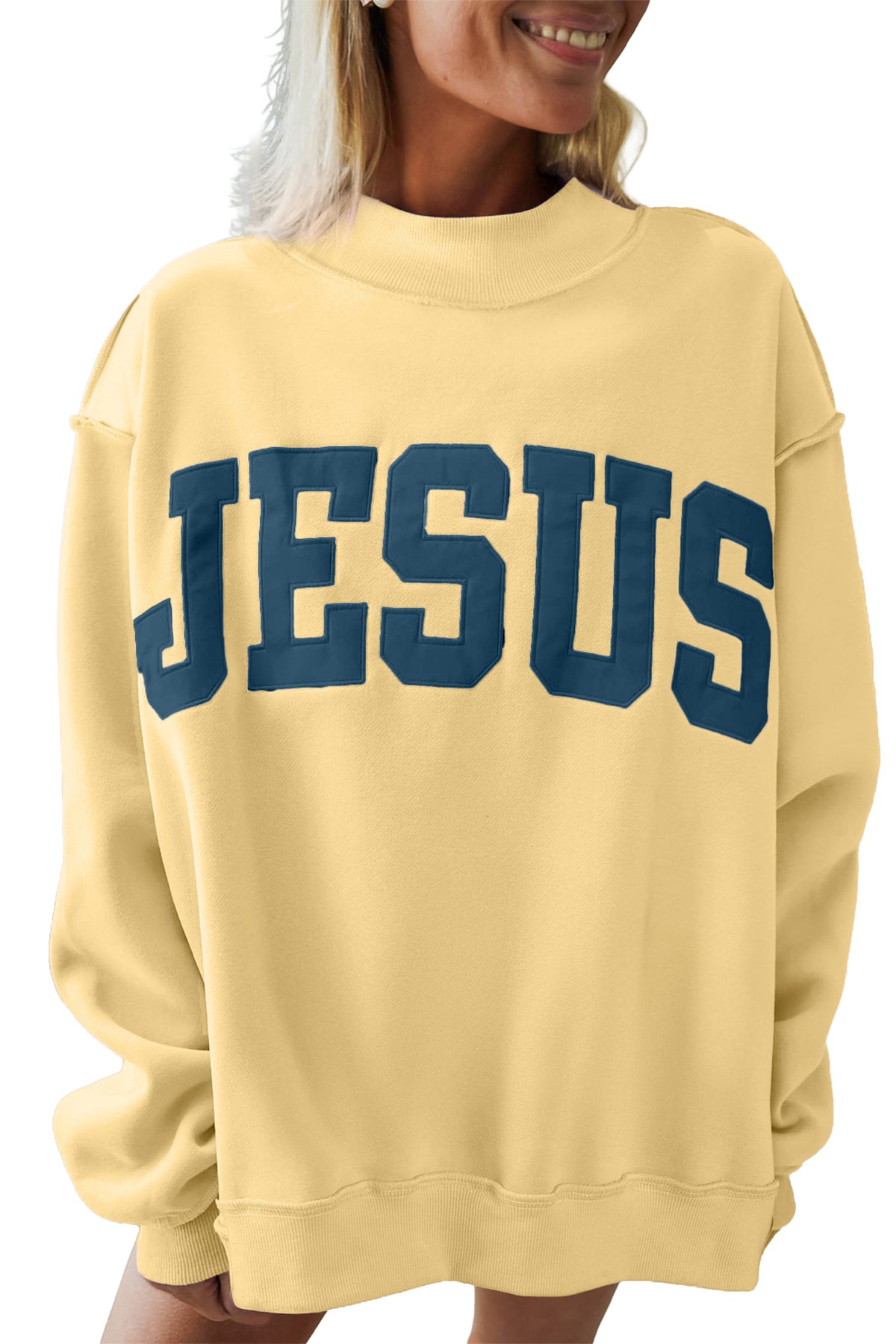 Meadow Mist Green JESUS Letter Patch Graphic Sweatshirt