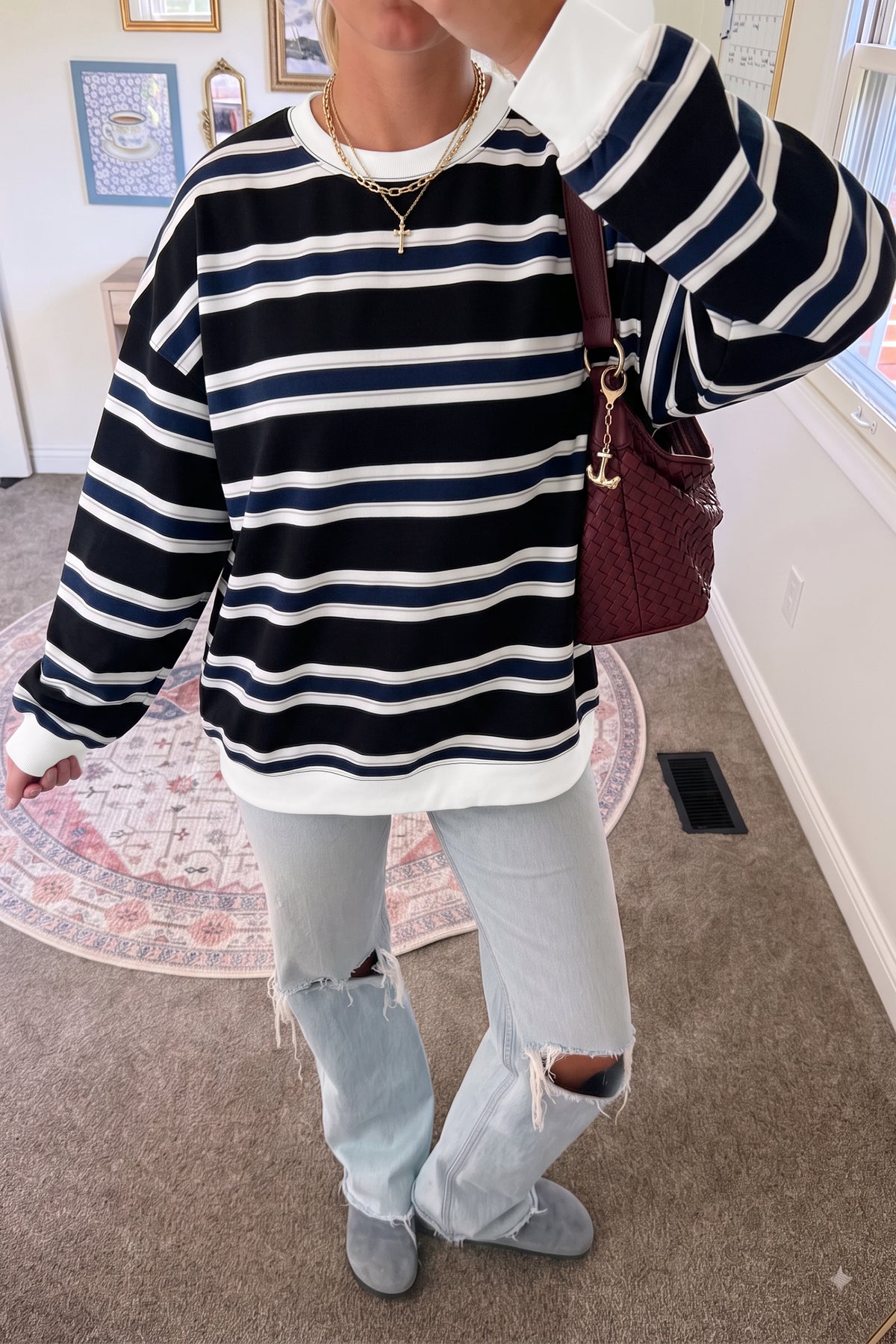 Blue Stripe Ribbed Trim Drop Shoulder Sweatshirt
