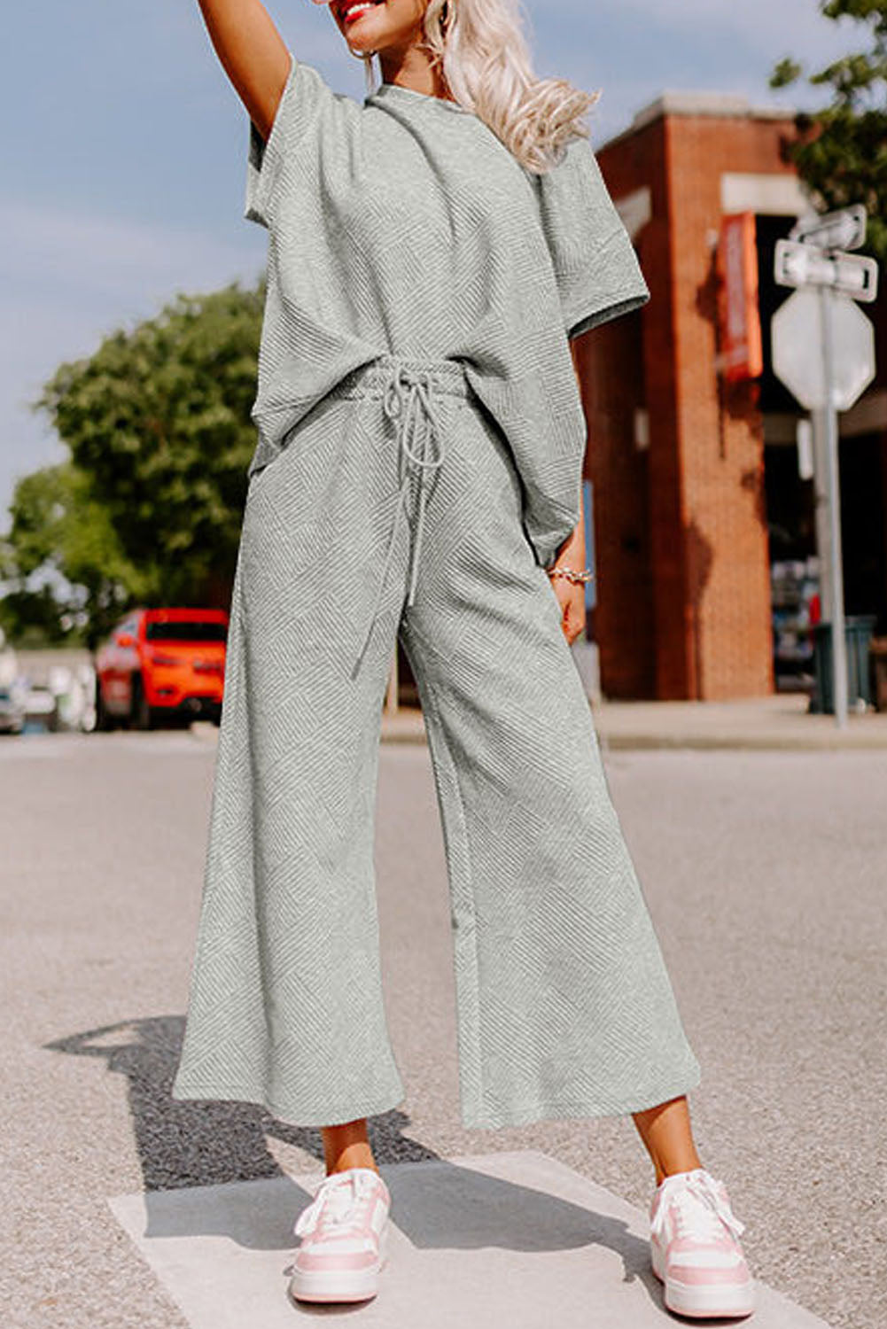 Red Dahlia Textured Loose Fit T Shirt and Drawstring Pants Set