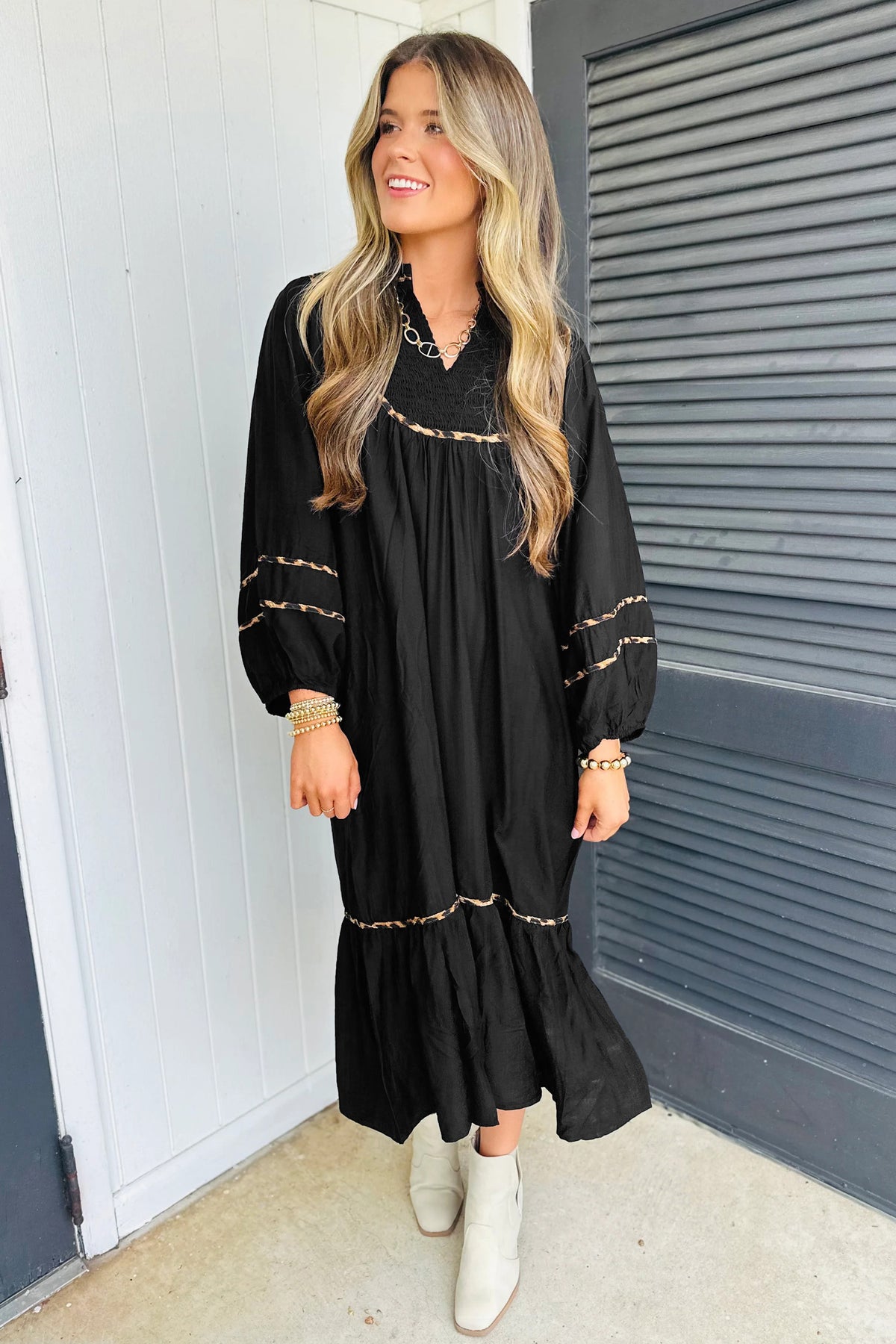 Black Contrast Leopard Trim Split Neck Long Sleeve Midi Dress