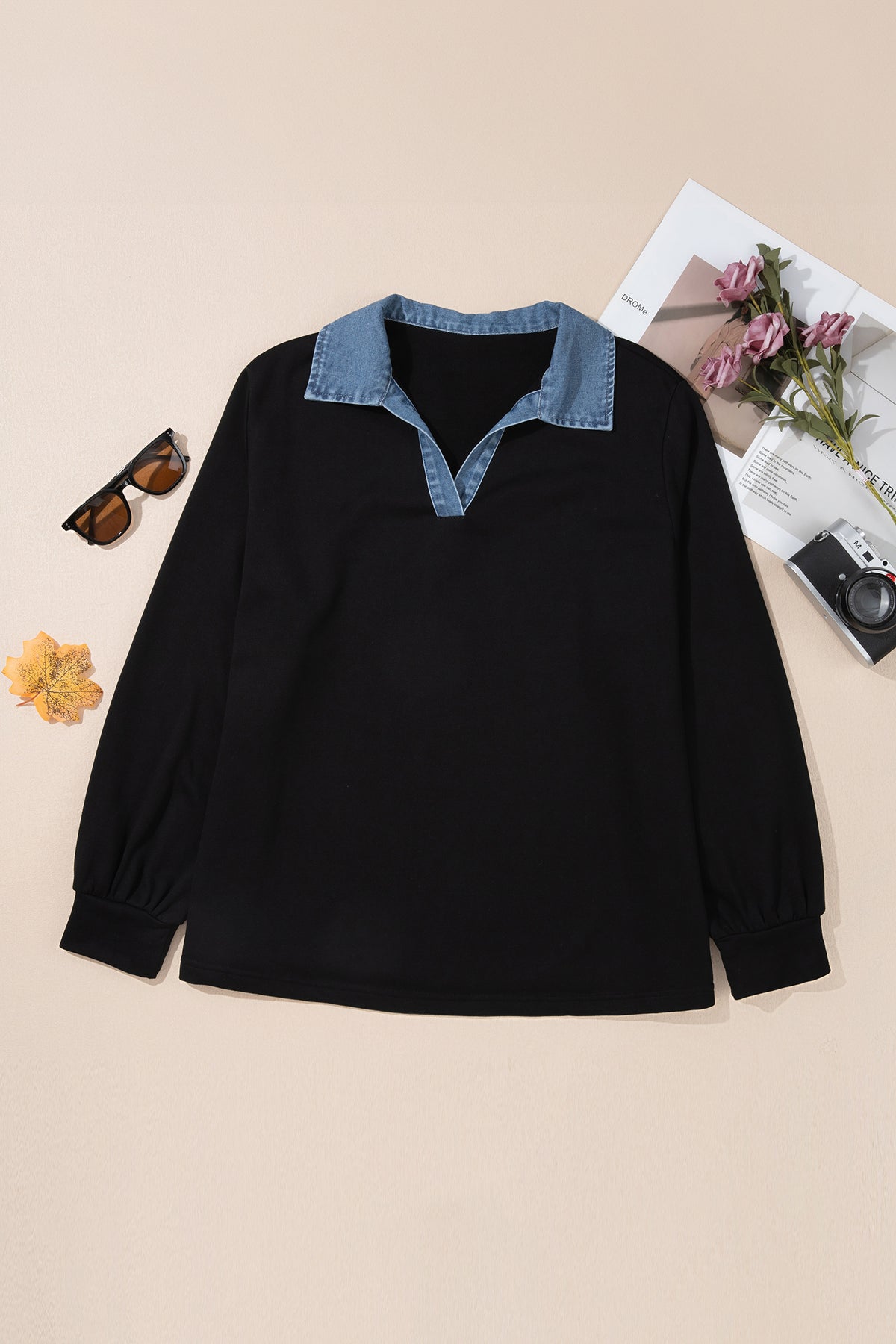 Black Solid V-Neck Tunic Shift Long-Sleeve Plus Size Blouse