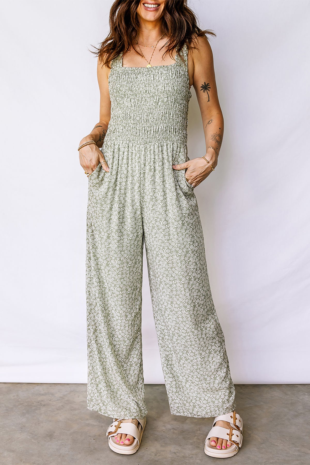 Green Smocked Bodice Square Neck Sleeveless Floral Jumpsuit
