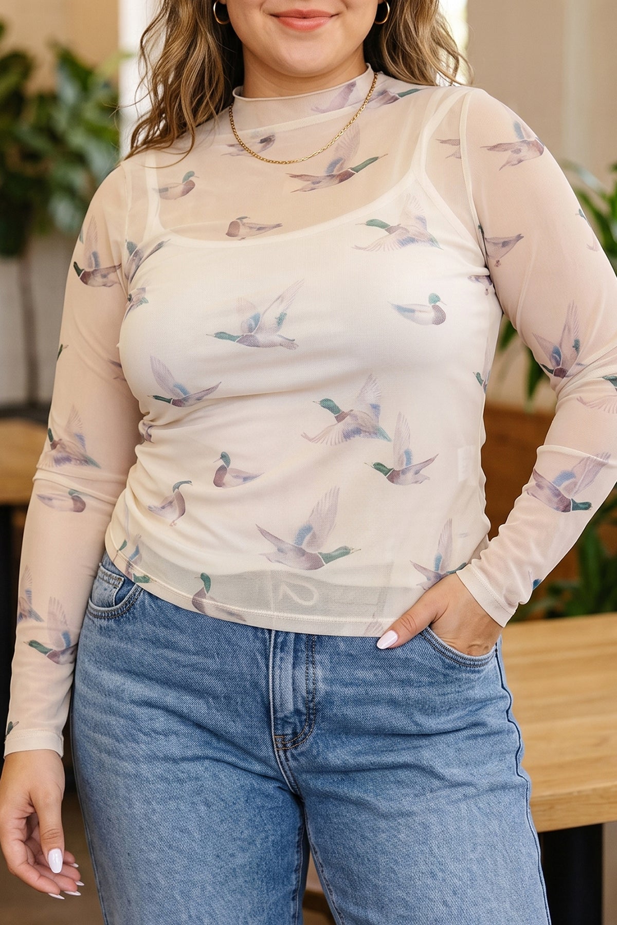 Beige Mesh Duck Print Tunic Long-Sleeve Plus Size Blouse