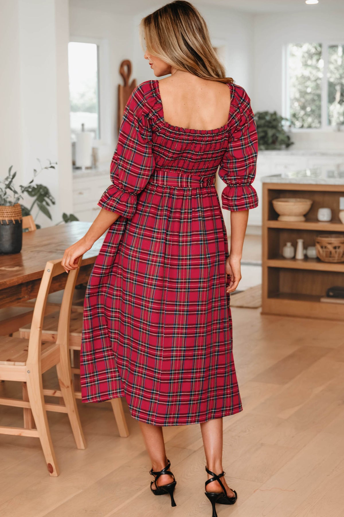 Green Tartan Plaid Square Neck Puff Sleeve Waist Flared Midi Dress