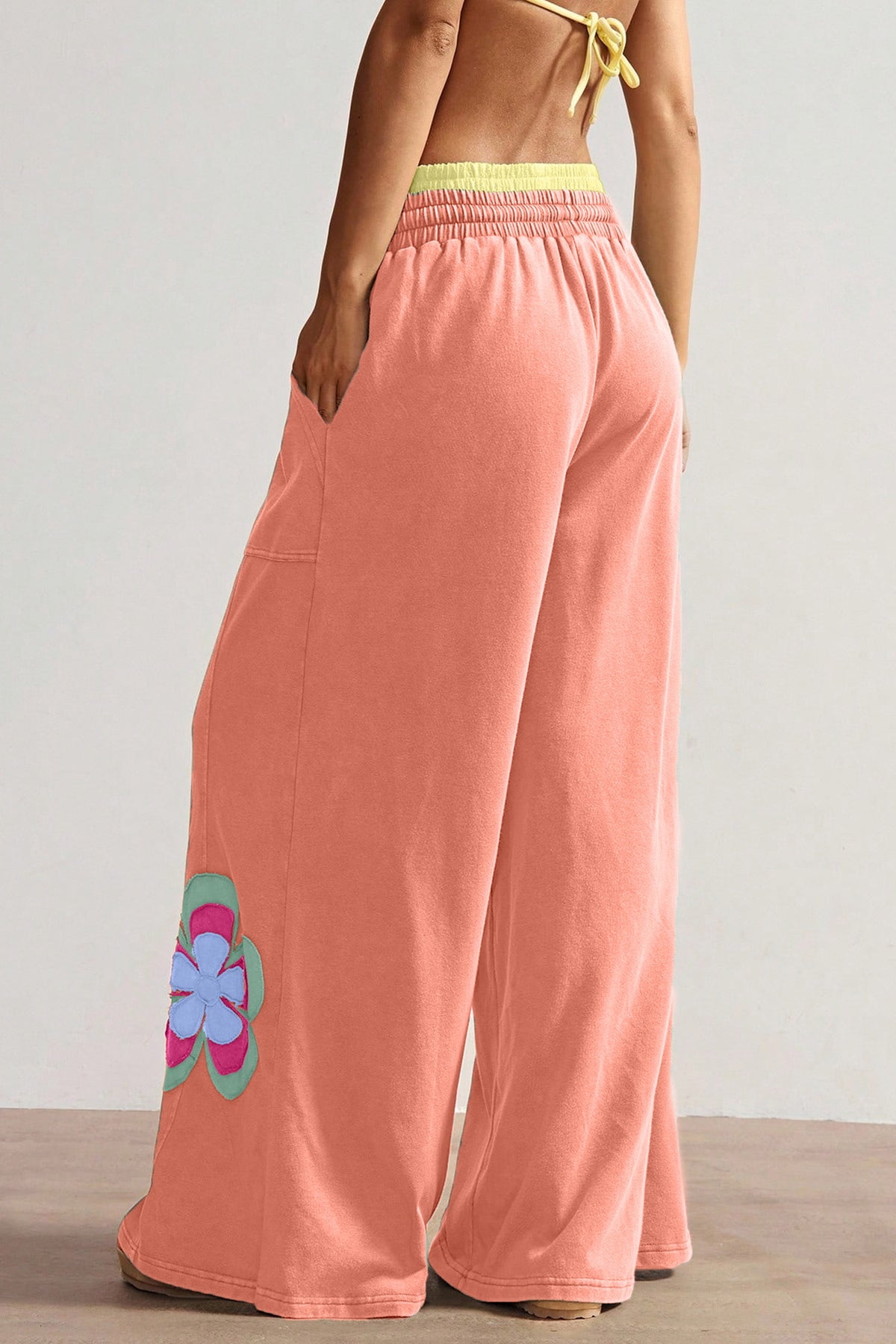 Grapefruit Orange Color Block Flower Patchwork Drawstring Pants