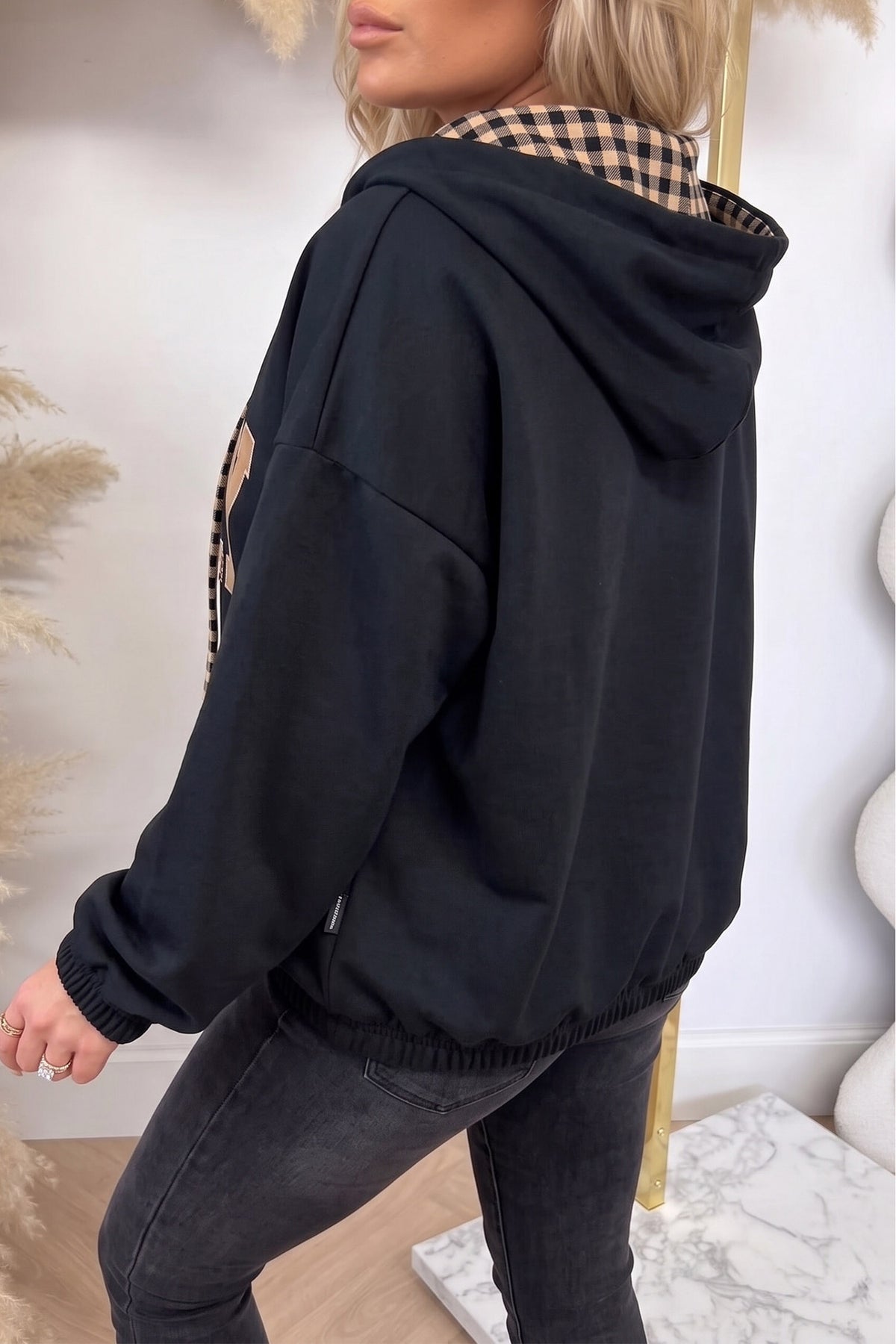 Black PRAY Mix Pattern Plaid Contrast Drawstring Hoodie