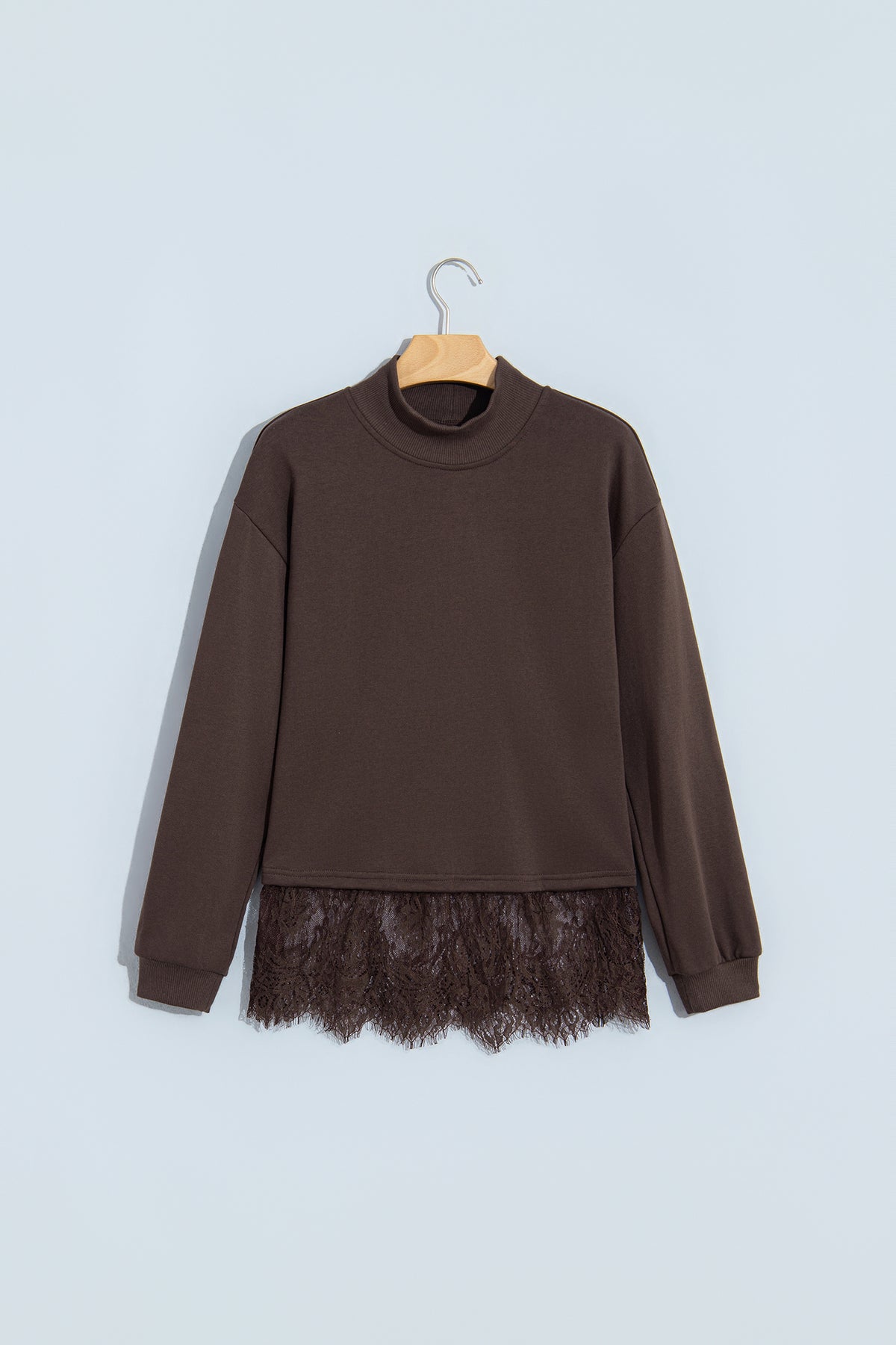 Coffee Solid Color High Neck Lace Splicing Hem Sweatshirt