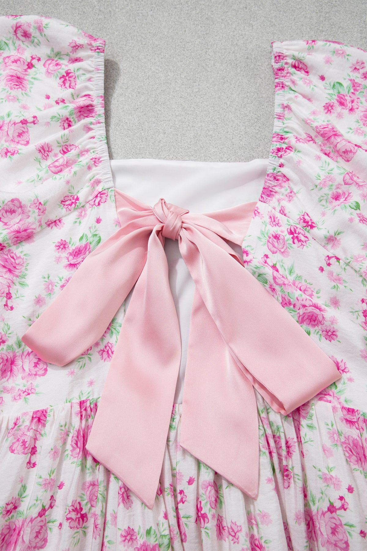 Pink Floral Bow Square-Neck Mini Dress