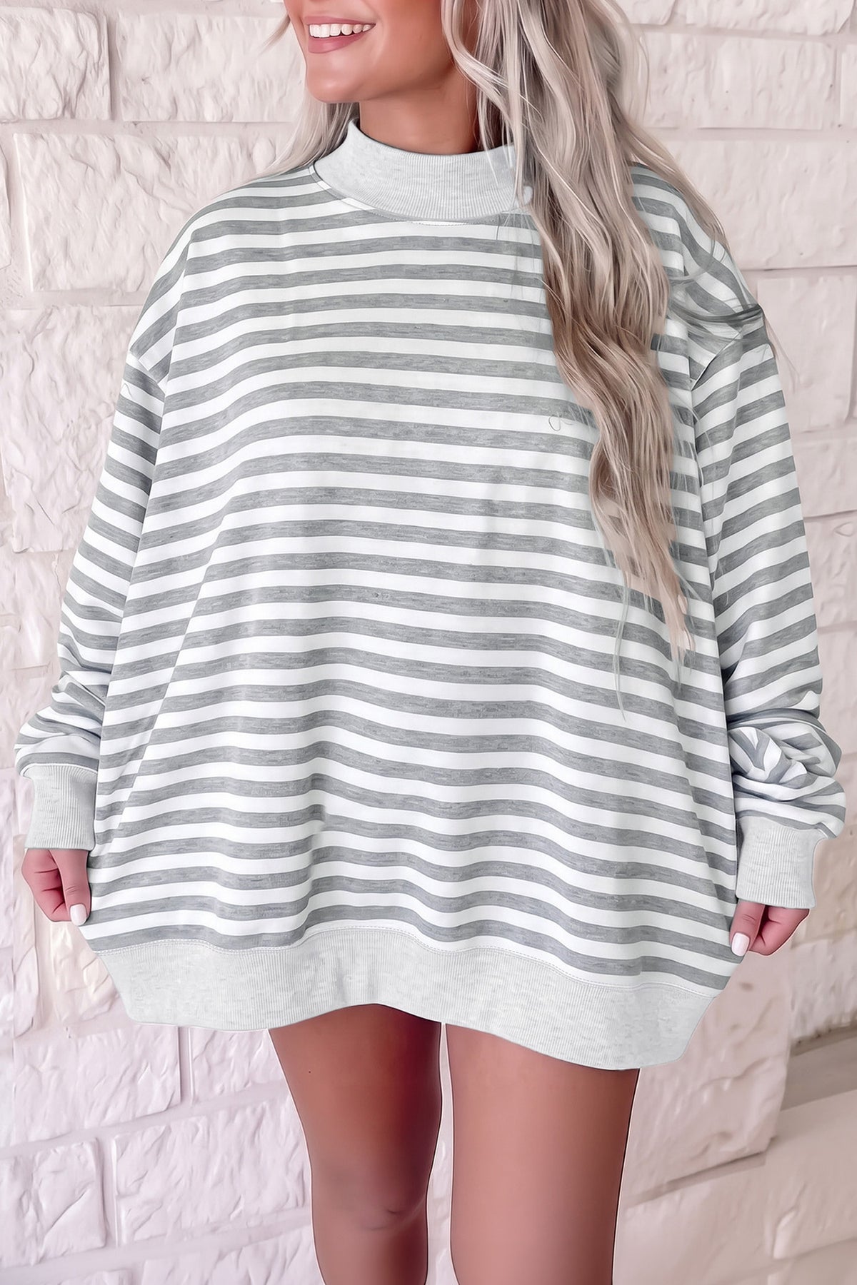 Green Stripe Mock Neck Oversized Tunic Sweatshirt
