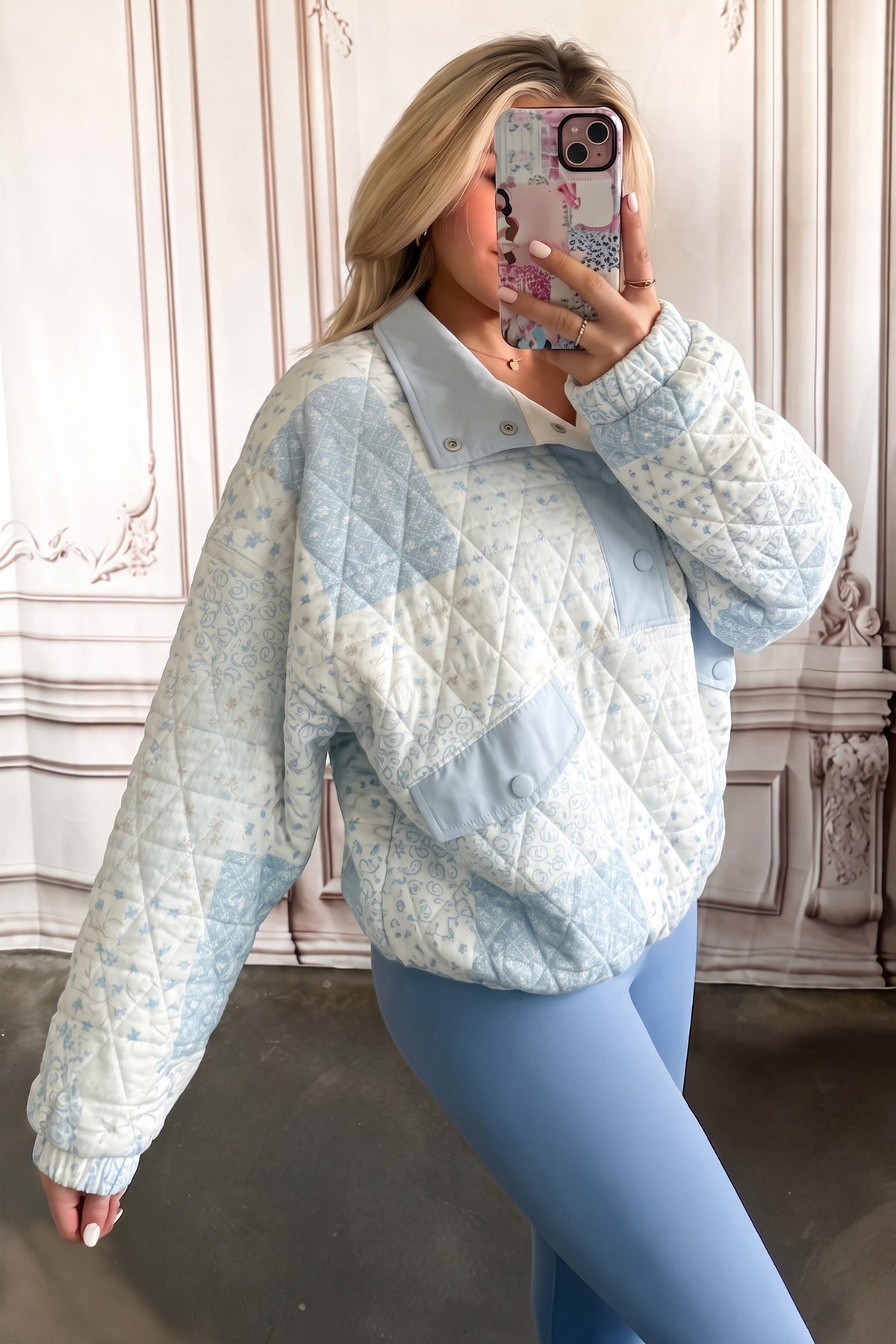 Multicolour Floral Quilted Half Button Pocketed Sweatshirt